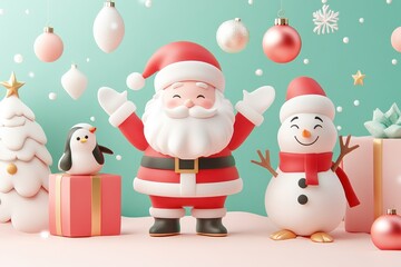 Cheerful Christmas Scene with Santa and Snowman