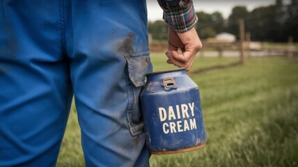 Hand of Farmer Holding Vintage Dairy Cream Can, Wearing Blue Work Trousers and Plaid Shirt