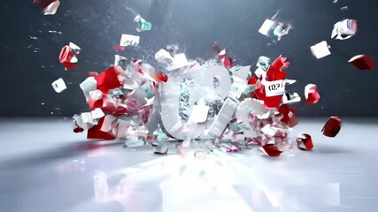 3D text "SALE" transforming to "90%" shattering into pieces with flying debris, ideal for promoting major retail discounts, clearance events, or special offers.
