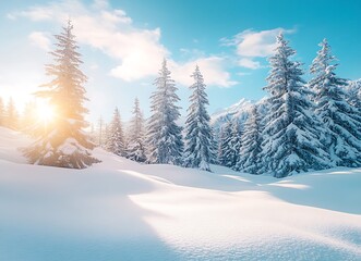 Beautiful winter landscape with snow-covered fir trees in the Alps mountains on a sunny day with sunlight and a blue sky background