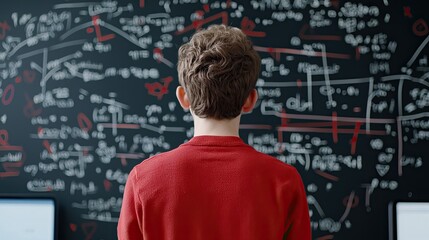 Boy Solving Problems in Front of Math Wall