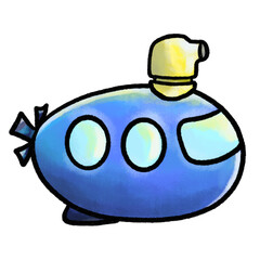 Cartoon blue submarine isolated illustration, doodle drawing and coloring