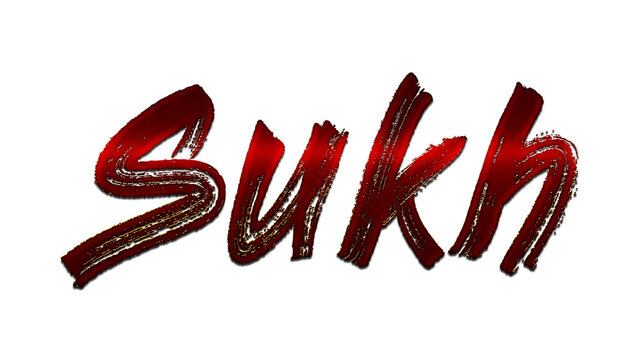 3D blood red Hindi word design of Sukh on white background.	