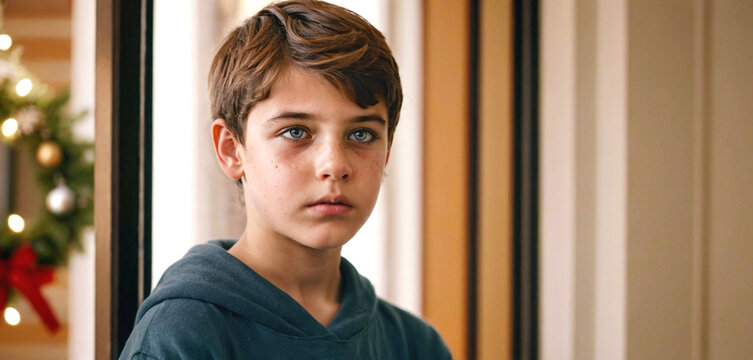At Christmas tree, teenage boy, aggressive and insulted, wearing hoodie, chestnut brown hair, whiny and resentful mood, holiday atmosphere, youth emotions