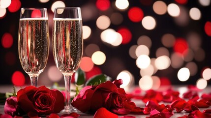 Close up of two glasses with rose wine on wooden table with bokeh background