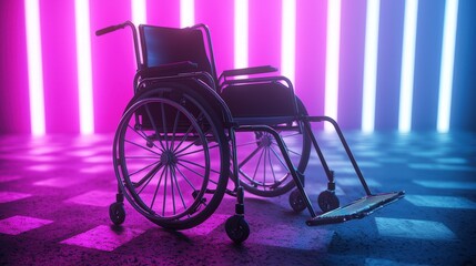 Fototapeta premium Wheelchair in Neon Light Studio Disability Accessibility Medical Equipment