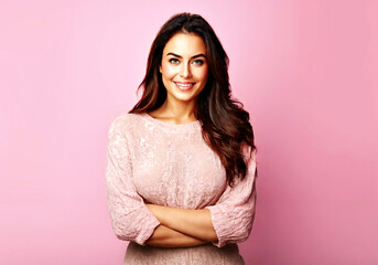 Obraz premium mature adult woman standing in front of pink background or wall, happy and smiling, smirking, smile, brunette, caucasian, age 40