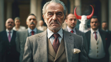 Elderly old man in business suit with partner after secret meeting, influenced by evil, soul sold to the devil, conspiracy theories, family stories, secrets