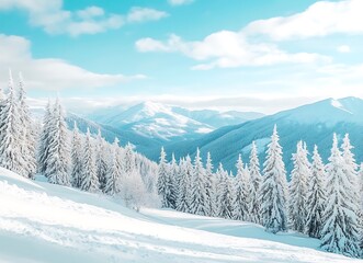 Beautiful winter landscape with snow-covered fir trees against the backdrop of mountains and a blue sky on a sunny day Winter nature background