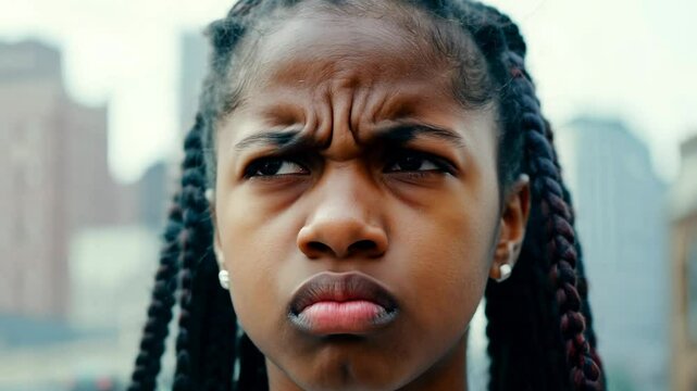 Close-up video of a teenage girl with braids, expressing anger and frustration with a blurred cityscape background, lit by natural window light