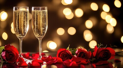 Close up of two glasses with rose wine on wooden table with bokeh background