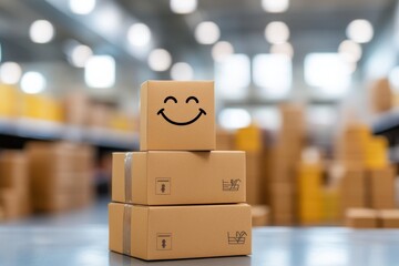 Happy packages stacked in a warehouse