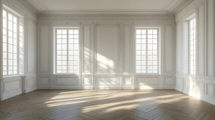 Elegant White Room with Large Windows and Wooden Floor.