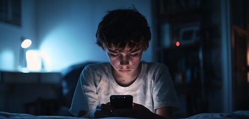 Image showing a teenager in his room overwhelmed by smartphone use.