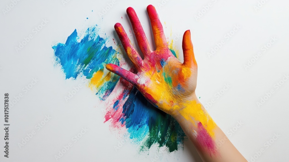 Canvas Prints Colorful hand silhouette on a white backdrop painted with vibrant hues