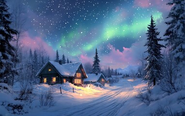 the northern lights in the sky with a house road and stars in the snowy landscape on a winter night...