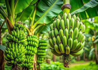 In a verdant jungle setting, a close-up captures unripe bananas, highlighting the intricate natural beauty and the lush greenery surrounding these