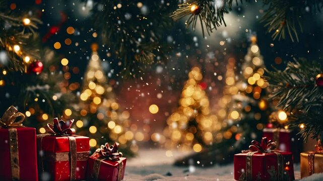 Background with Christmas tree ornaments Christmas gifts with snow falling effect