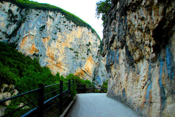 Evening scenery with the road to Tempio del Valadier in Parco Naturale Gola della Rossa e di...