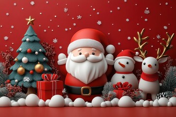 Cute 3D Santa Claus with Decorations and Snowman