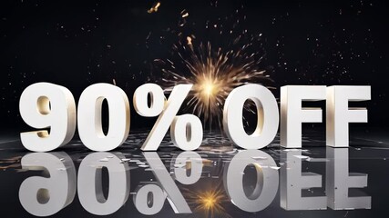 Bold 3D "90% Off" text with fireworks and reflective surface, perfect for showcasing massive discounts and promotional sales events.
- Powered by Adobe