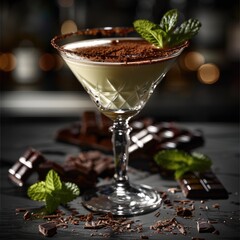 A cocktail in an elegant tall crystal cocktail glass with vodka with mint leaves and chocolate pieces and bartender utilities on a black kitchen countertop against black background.