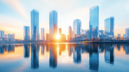 Abstract city reflection river on sunrise Panoramic and perspective wide angle view to steel light blue background of glass high rise building skyscraper commercial modern city of futurepastel tone