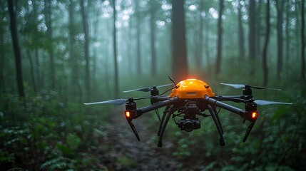 A drone hovers in a misty forest, capturing aerial views of the serene environment.