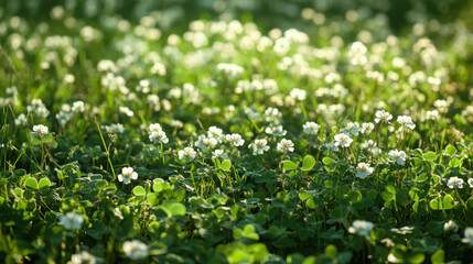 Fototapeta premium A field of clover leaves in full bloom, creating a vibrant green carpet with a hint of white flowers