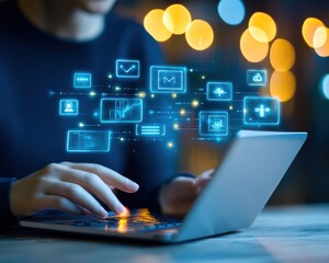 Person using laptop with digital interface icons