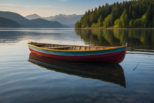 A colorful boat in a tranquil lake