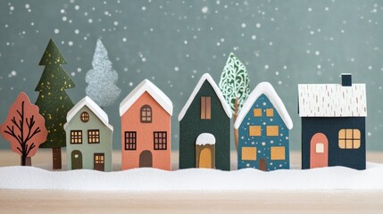 Decorative paper houses with snow-covered roofs and warm facades, winter holiday scene