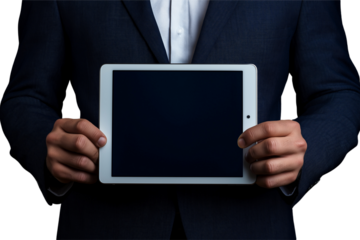 Businessman in formal suit holding tablet in hands, isolate on white background, die cut transparent PNG.