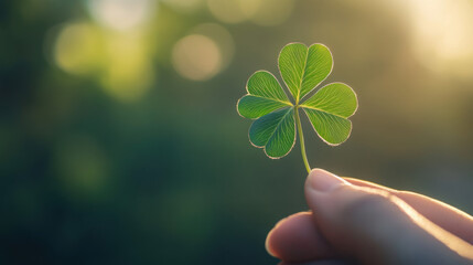 A hand holding a four-leaf clover against a blurred background, highlighting its unique shape