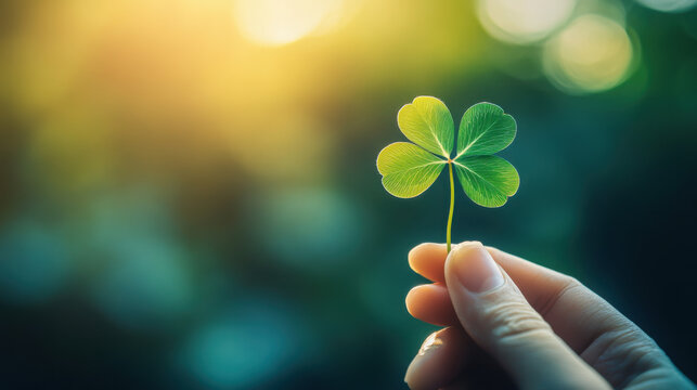 A hand holding a four-leaf clover against a blurred background, highlighting its unique shape