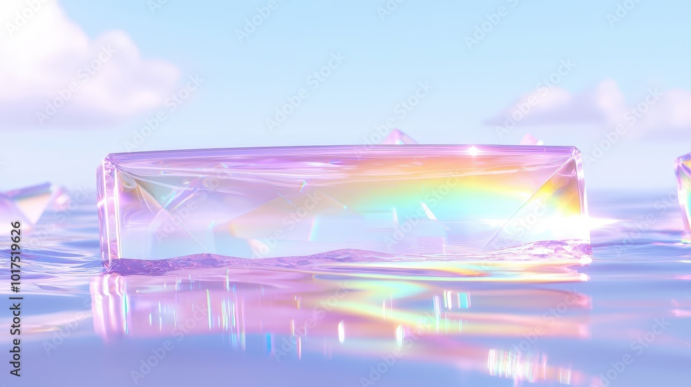 Poster holographic prism floating on water with sky reflection abstract 3d render