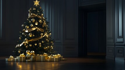 Elegant Christmas tree adorned with golden baubles, ribbons, and twinkling lights, creating a cozy holiday atmosphere in high resolution