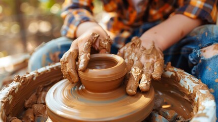 Fototapeta premium Creative Collaboration Child and Tutor Molding Clay on Spinning Potter's Wheel