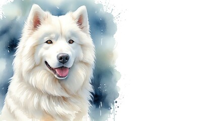 Fototapeta premium Samoyed dog , captured in a serene watercolor portrait. Drawing. Art. Illustration. Copy Space. 2