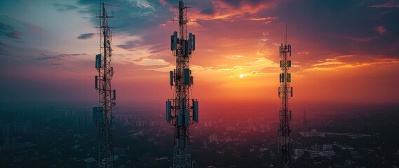 5G towers at sunset, Telecommunication tower, Global connection and internet network concept.