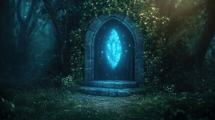 Magical portal door in shadowy forest emitting radiant blue light, ethereal glow