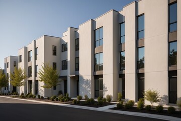 Naklejka premium row of white modern apartment buildings with trees and shrubs in front