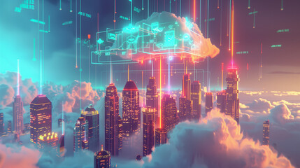 Obraz premium Futuristic city surrounded by clouds with glowing data streams descending from the sky