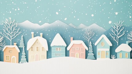 Paper-style winter houses with snowy rooftops and cozy details, charming winter scene