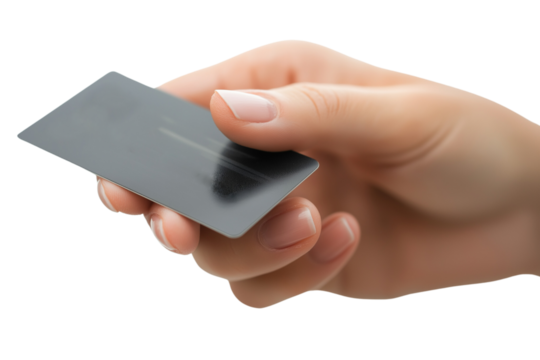 Hand showing credit card isolate on white background, PNG die cut transparent.