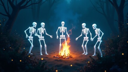White skeletons stand in front of a bonfire in a misty forest