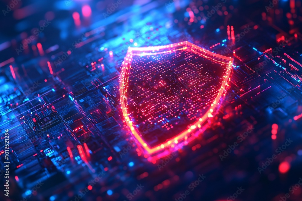 Poster futuristic system design featuring a dynamic holographic shield of light, representing cybersecurity