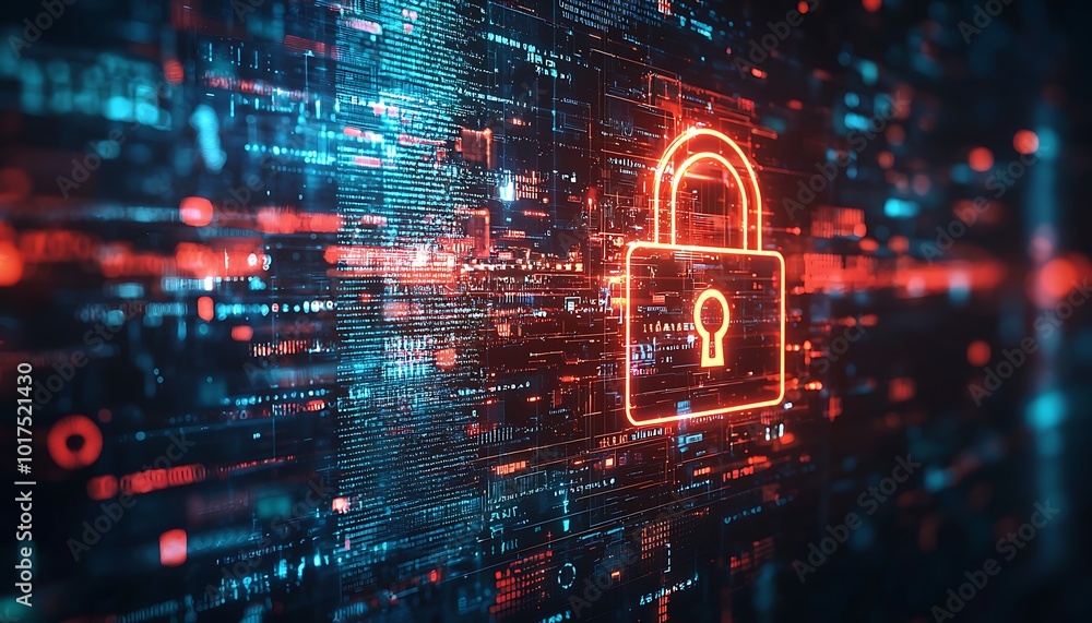 Poster background showing a padlock and antivirus technologies for digital security.