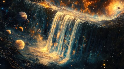 A cosmic waterfall, with glowing stars and planets cascading down its length, pouring into an endless void.