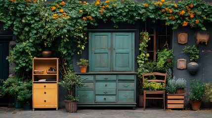 Antique Cabinet with Floral Decor in a European Courtyard.